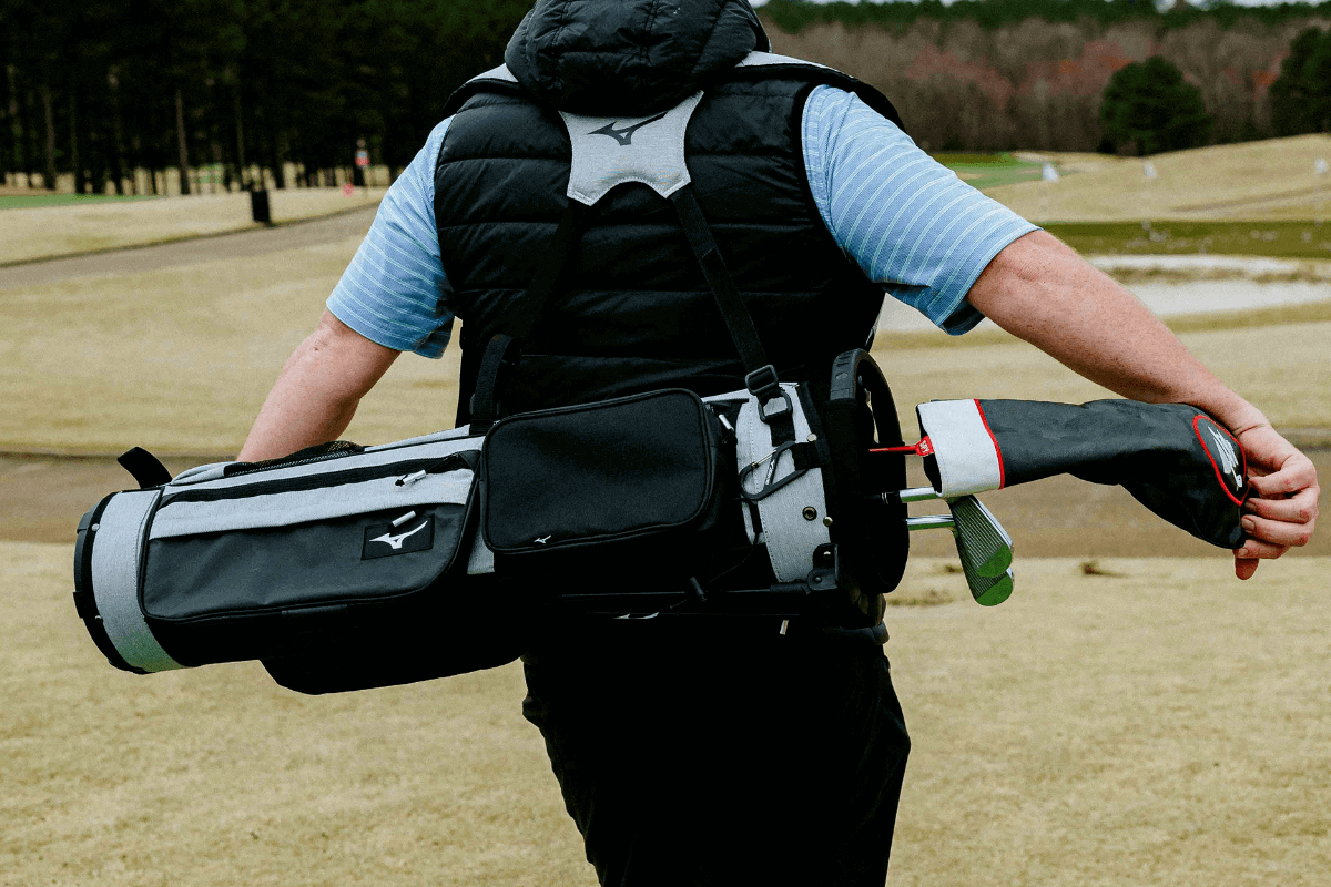 A Sunday Golf bag is light and easy to carry. Some also have stands.