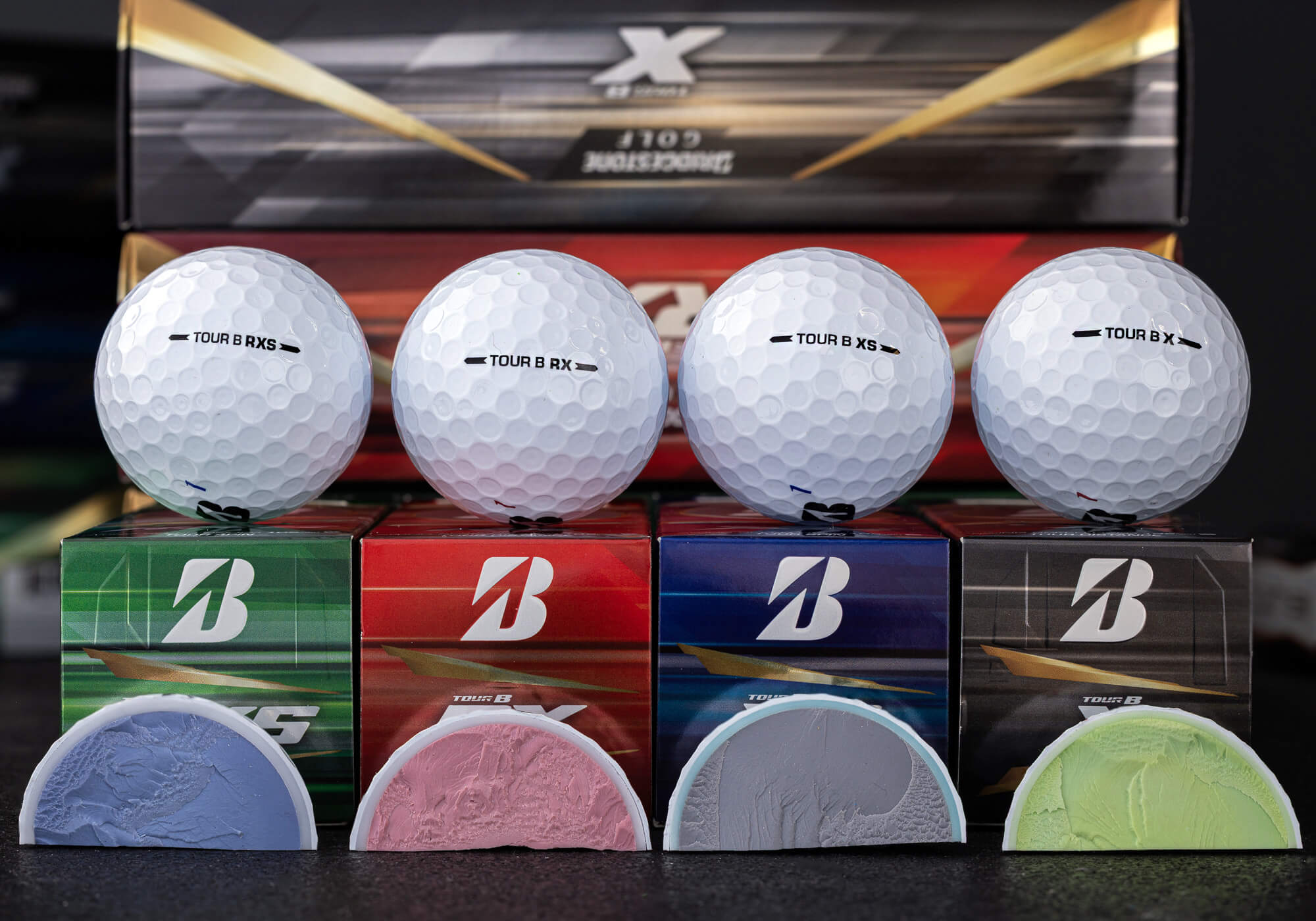 Bridgestone TOUR B series golf ball with visible cores.